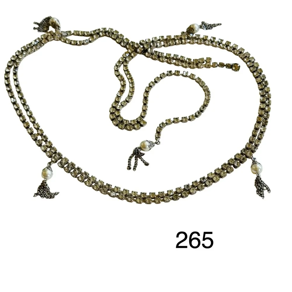 VTG rhinestone silver tone chain fringe Belt Necklace pearl tassel statement 38